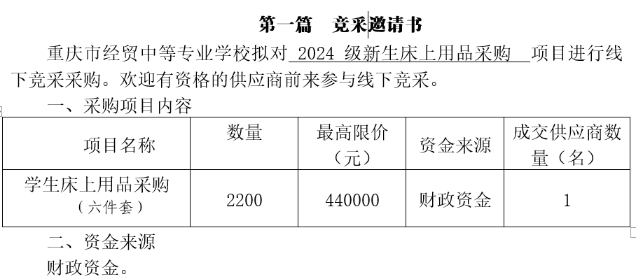 學(xué)校2024級(jí)新生床上用品采購(gòu)招標(biāo)公告